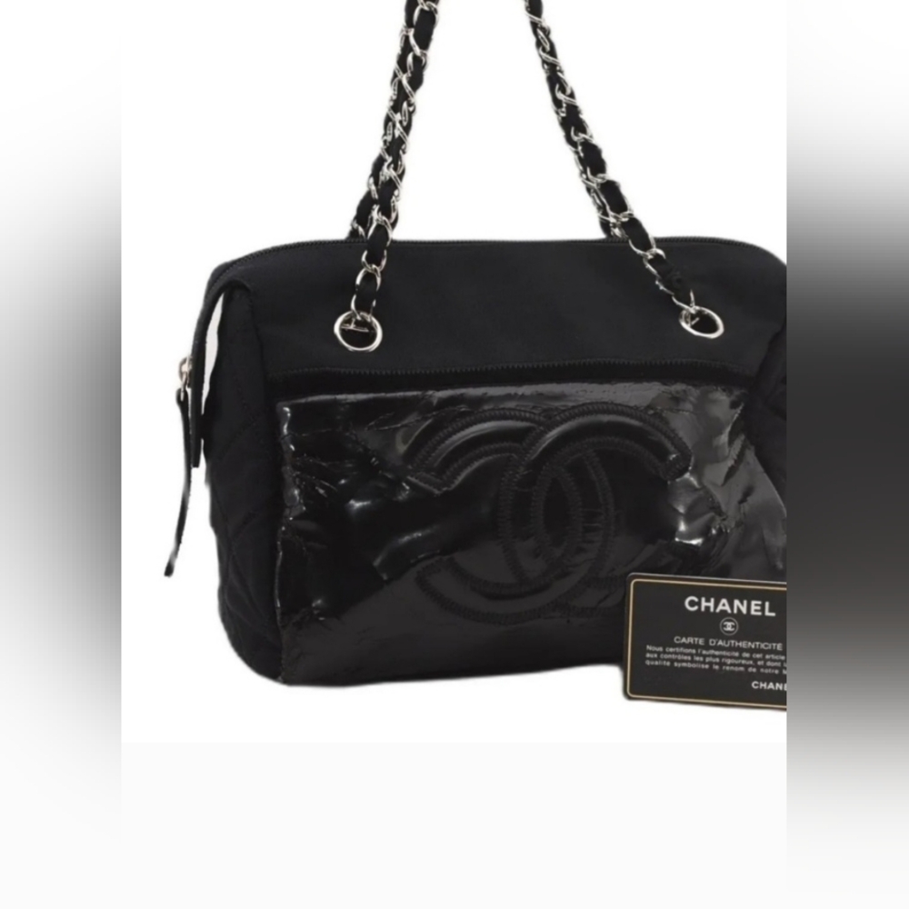 Authentic Rehab COA CHANEL Black Nylon Enamel Matelasse